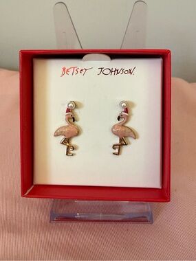 Betsey Johnson Pink Flamingo Christmas Stud Earrings